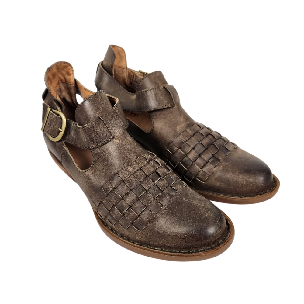Born Viveka Brown Leather Woven Brass Buckle Bootie Ankle Boots Womens Size 7.5